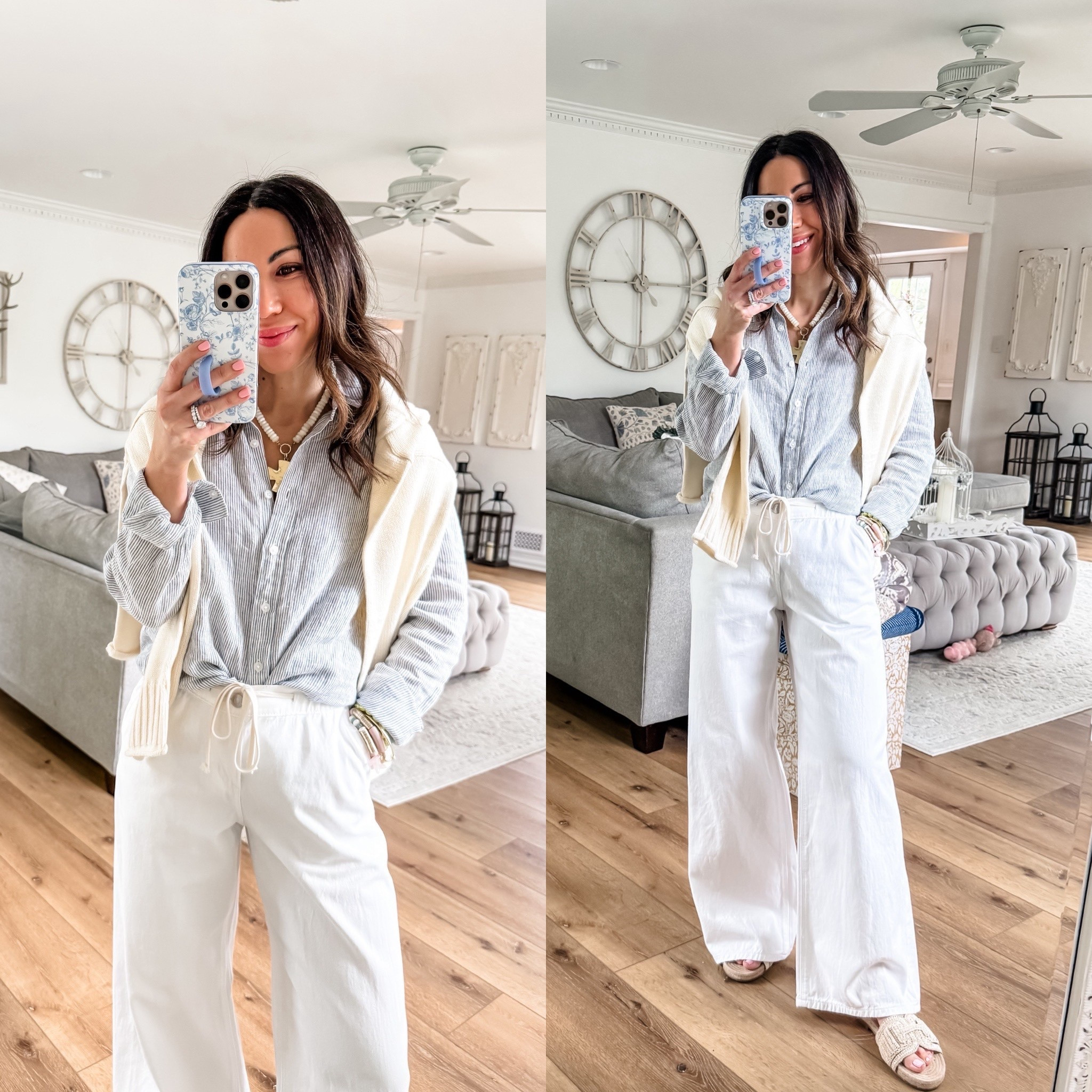 Baggy jeans, XS. Linen button-down shirt small. Sweat sweater small. Sandals TTS. Wide leg jeans. White jeans. White denim.

#LTKPetite #LTKOver40 #LTKSaleAlert