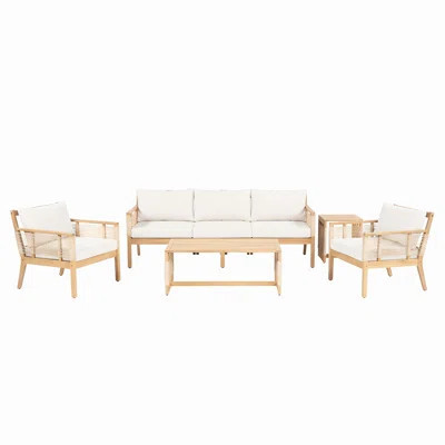 5-Piece Acacia Wood & Hand-Woven Rope Outdoor Sofa Set, Teak-Look Patio Conversation Furniture With 3-Seater Sofa, 2 Chairs & 2 Coffee Tables, Beige C | Wayfair North America