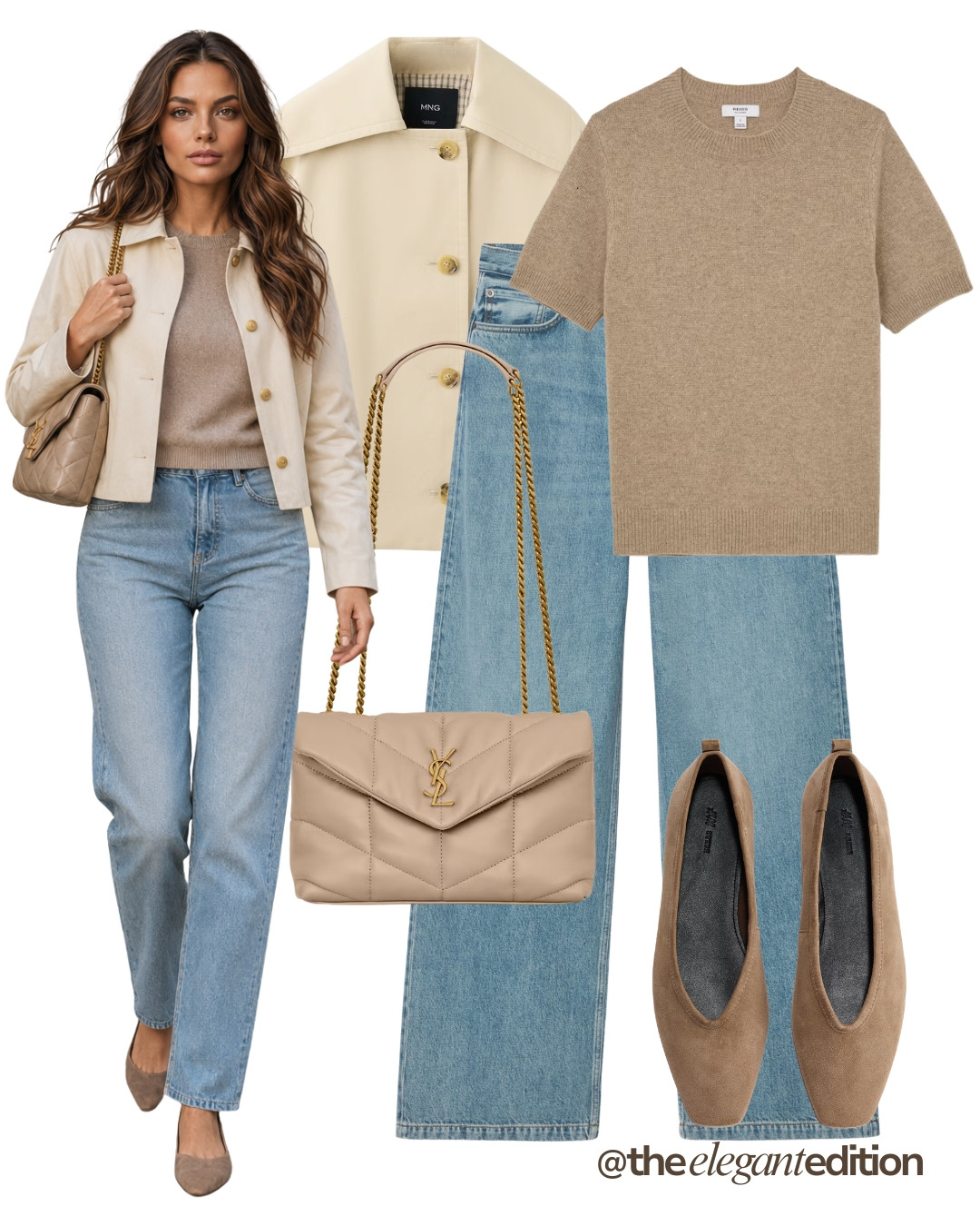 CREAM JACKET LOOK - Cream cropped jacket layered over a camel knit tee and straight-leg denim, an easy way to transition your summer wardrobe into pre-fall #cropjacket #knitwear #balletflats

#LTKautumn #LTKshoes #LTKstyletip #LTKFashionMonth #LTKjeans #LTKautumn