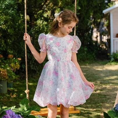 Tween Girl Spring Organza Floral Print Princess Easter Dress With Puff Sleeves, Bowknot Back Design, Elegant And Glamorous Tea Party Dress | SHEIN