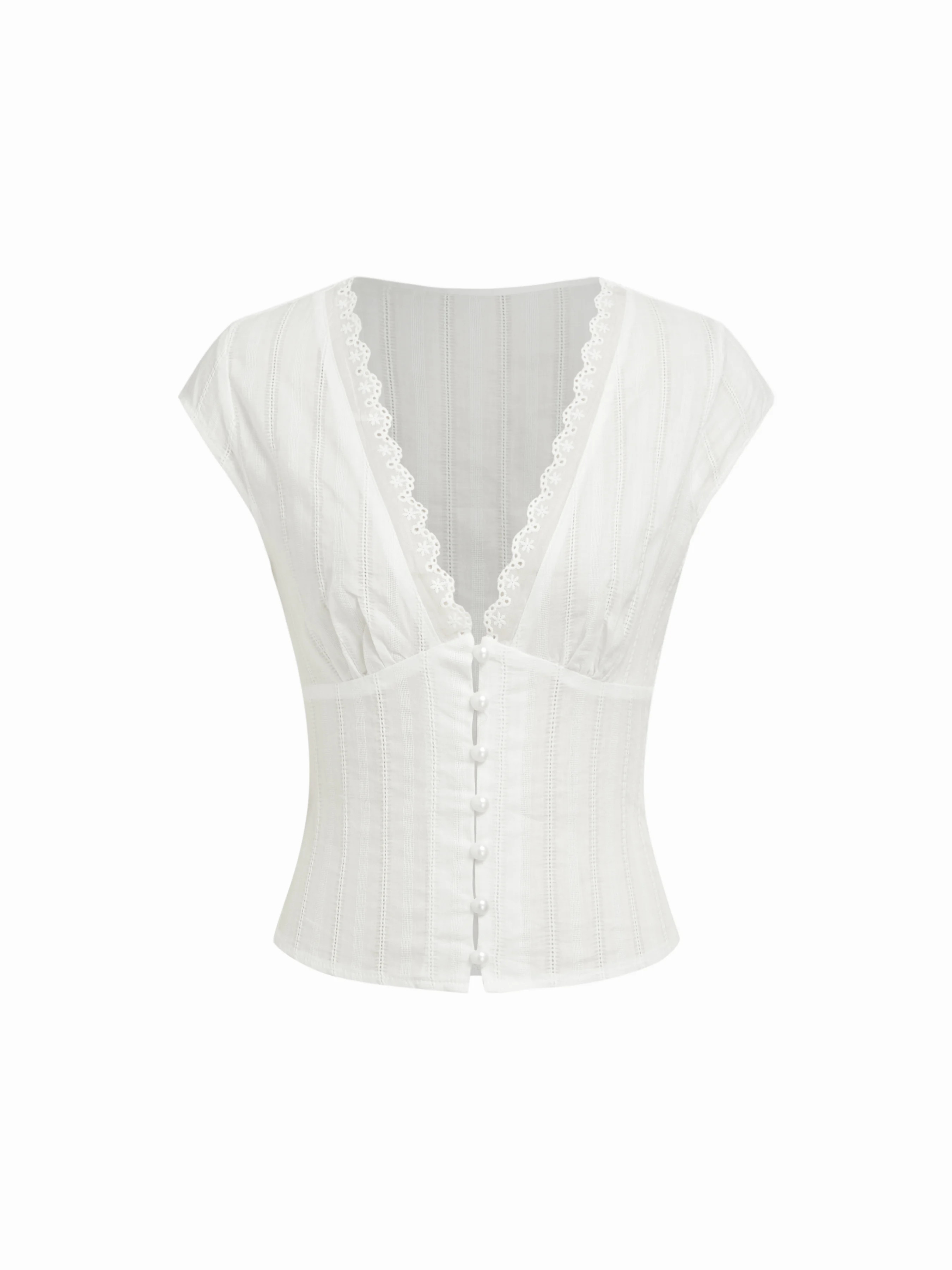 Textured V-neck Short Sleeve Lace Trim Pearl Button Blouse | Cider