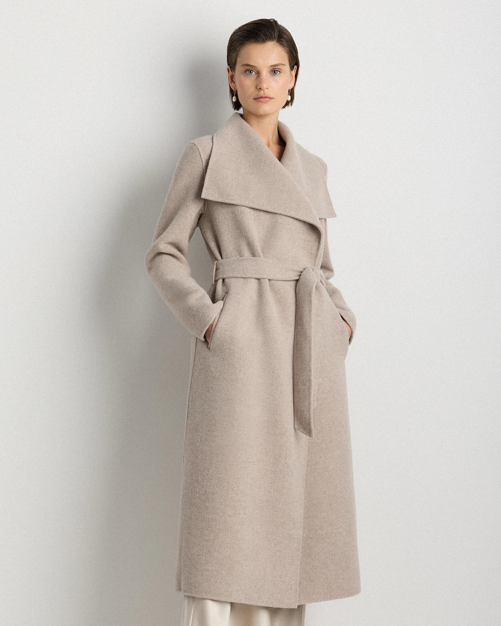 Quince | Women's Double-Faced Merino Wool Draped Collar Wrap Coat in Caramel, Size Large, Wool/Nylon | Quince