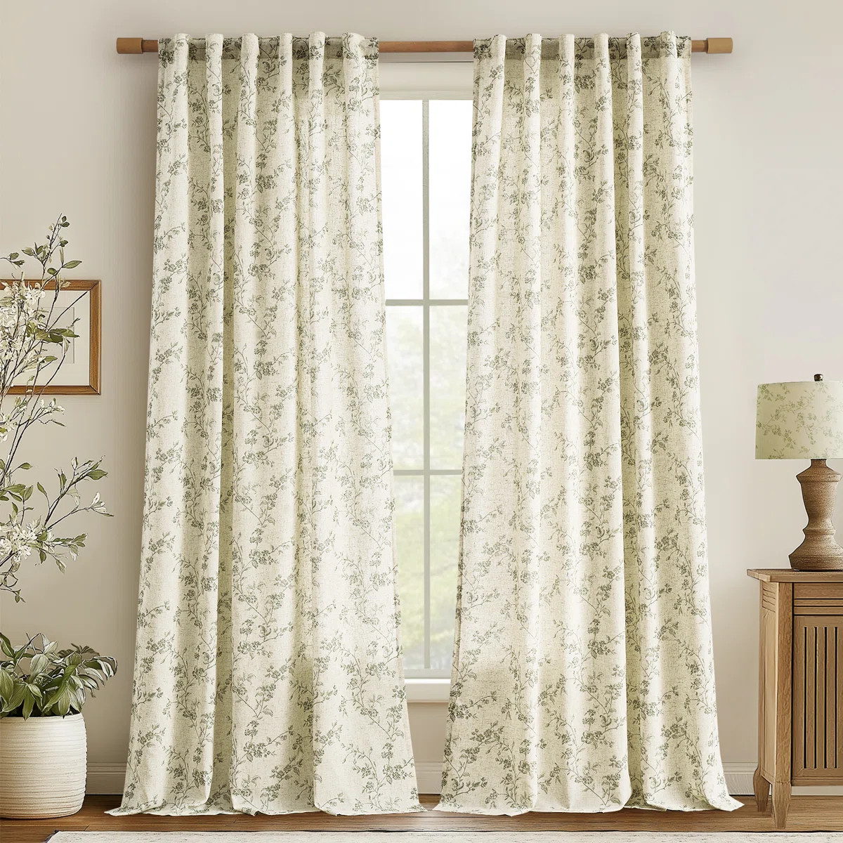 Semi Sheer Linen Blend French Floral Printed Rod Pocket Curtain Pair (Set of 2) | Wayfair North America