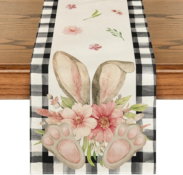 Artoid Mode Buffalo Plaid Bunny Ear Foot Flower Easter Table Runner, Seasonal Spring Kitchen Dini... | Amazon (US)