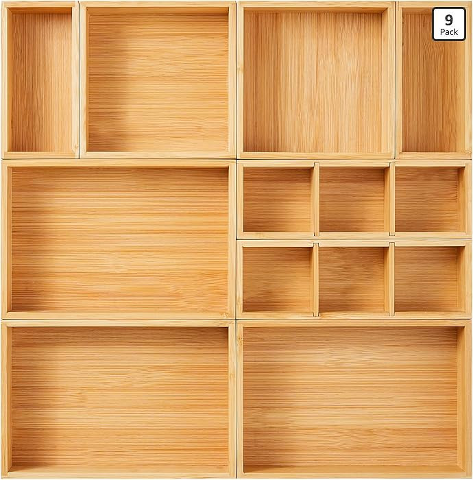 Drawer Organizer, Set of 9 Bamboo Wood Kitchen Makeup Desk Junk Tea Drawer Storage Boxes Bins for... | Amazon (US)