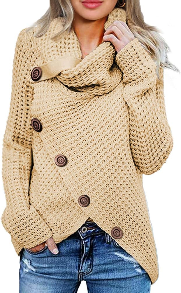 TEMOFON Women's Turtle Cowl Neck Sweater Long Sleeve Casual Button Asymmetric Hem Wrap Pullover S... | Amazon (US)