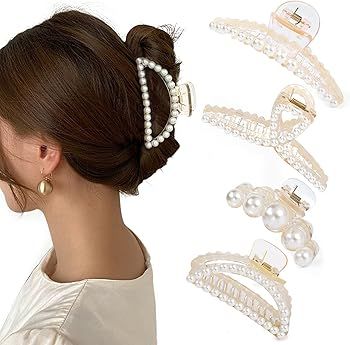 Mehayi 4 PCS Large Pearl Hair Claw Clips for Women Girls, Hair Barrette Clamps for Thick Thin Hai... | Amazon (US)