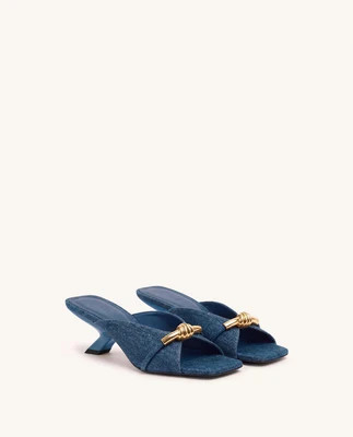 Lena Metal Rope Knot Denim Cross-Strap Heeled Sandals - Denim Blue | JW PEI US