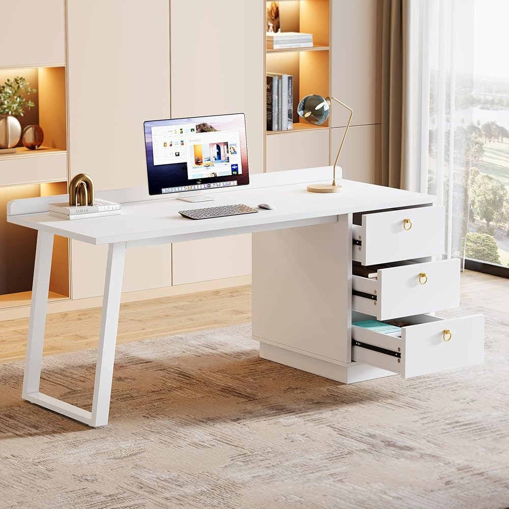 Tribesigns White Computer Desk with Drawers: 55 Inches Modern Home Office Desk with Storage, Smal... | Amazon (US)