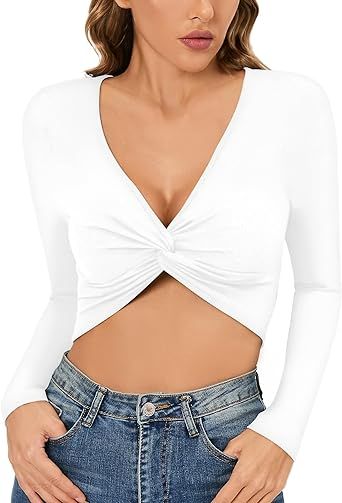 CLOZOZ Long Sleeve Crop Tops for Women Tie Front V Neck Womens Sexy Tops Trendy Going Out Tops fo... | Amazon (US)