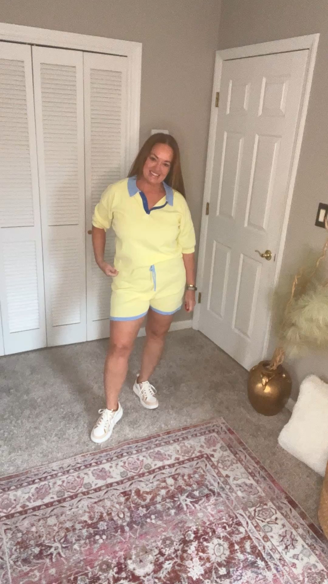 A pop of bright sunshine yellow trimmed in blue . This knit short set is giving country club weekdays. 

#LTKdayinmylife #LTKActive #LTKMidsize