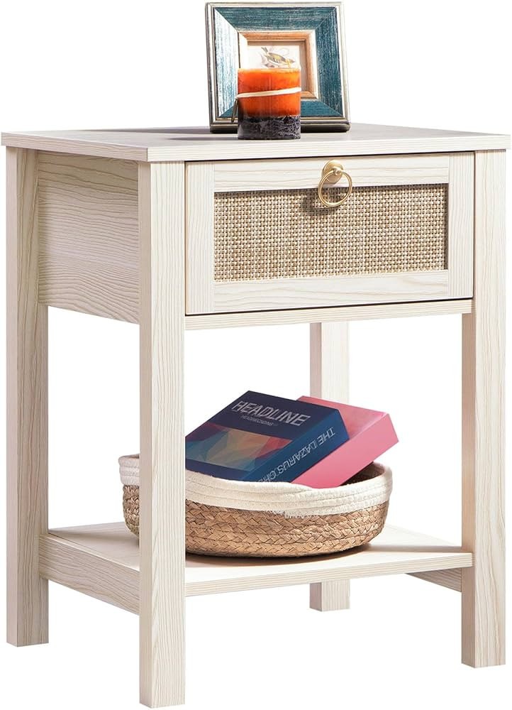 SICOTAS White Nightstand,Rattan Decor Drawer with Brass Knobs Night Stand Bedside Table Boho End ... | Amazon (US)