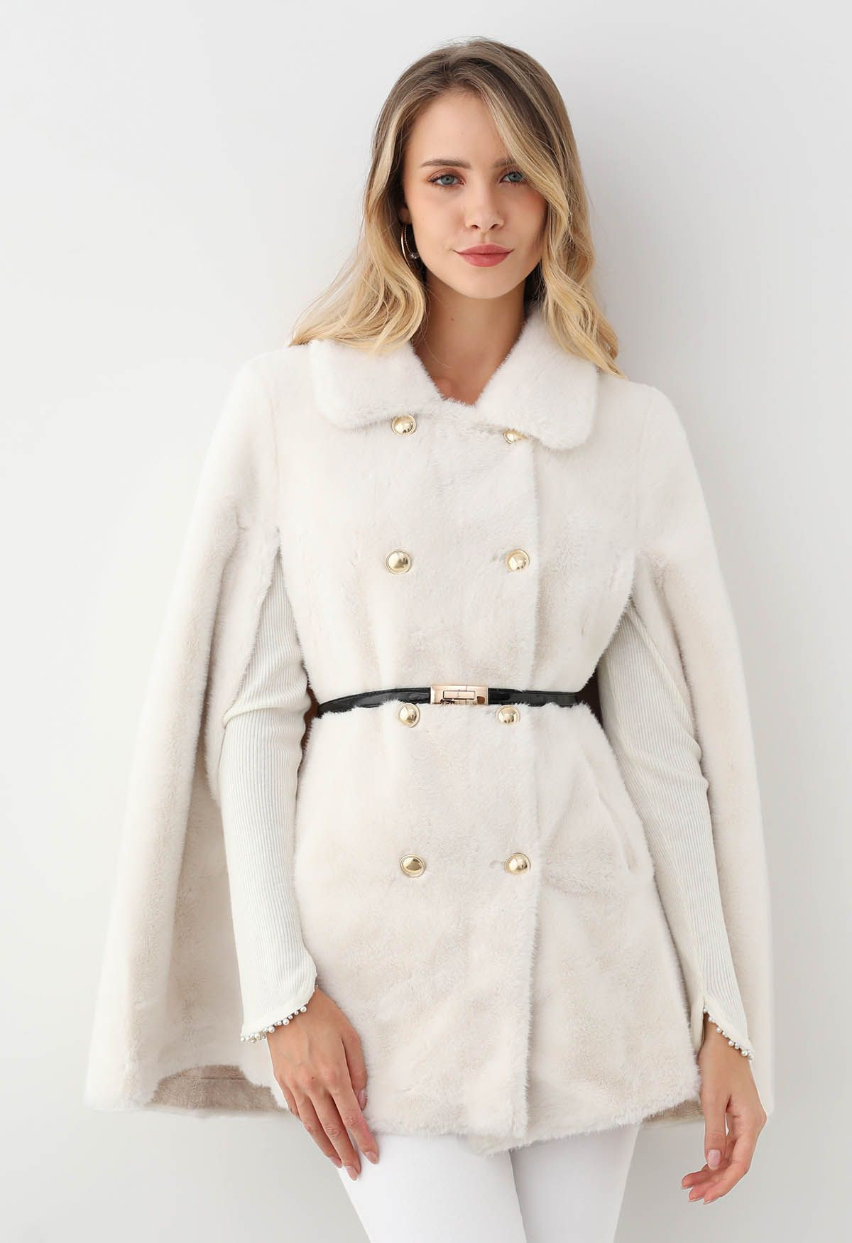 Collared Double-Breasted Faux Fur Cape Coat in Ivory | Chicwish