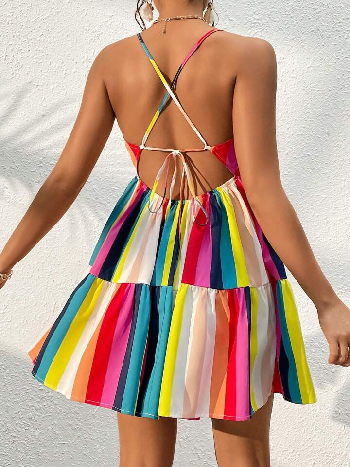 SHEIN VCAY Rainbow Striped Print Lace Up Tie Backless Ruffle Hem Cami Dress | SHEIN