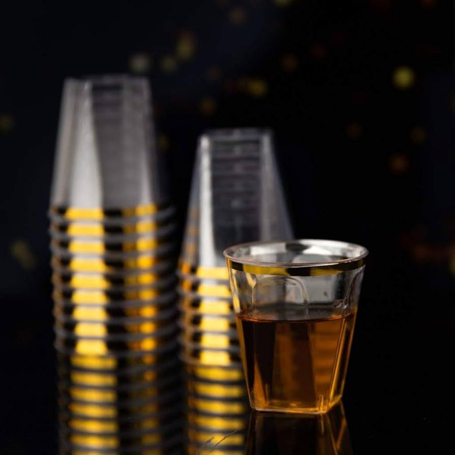 Gold Rimmed Clear Plastic Shot Glasses - 2 oz. (Pack of 16) - Mousse Cups for Sophisticated Celeb... | Amazon (US)
