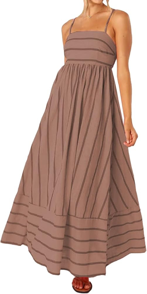 Women Striped Maxi Dress Sleeveless Backless Cutout Smocked Sundress Spaghetti Straps Boho Flowy ... | Amazon (US)