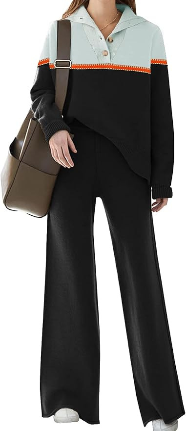 Womens Lounge Sets Knitted Sweatsuit Sets 2 Piece Outfits with Sweater Tops and Wide Leg Sweatpan... | Amazon (US)