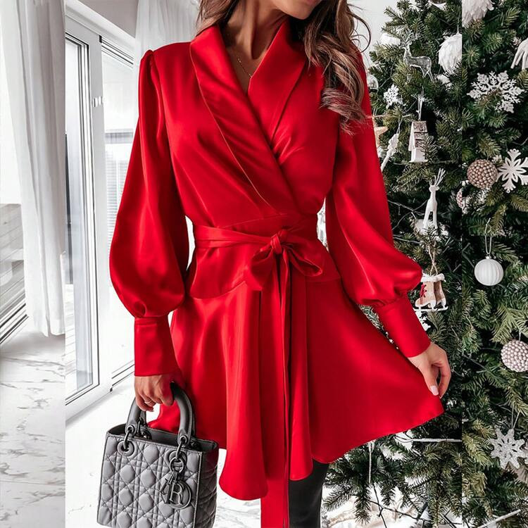 FD209 Autumn Winter New European And American Women's Fashion Solid Color Long Sleeve Shirt Elegant Dress | SHEIN