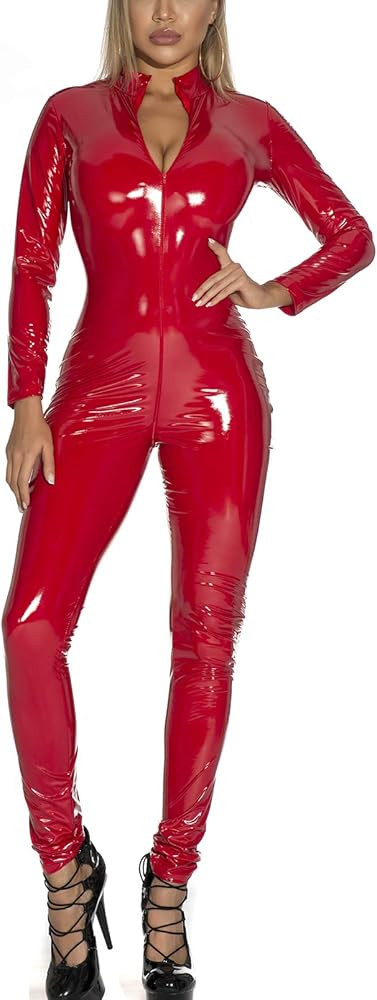 FEOYA Womens Latex Catsuit Patent Leather Bodysuit Metallic Jumpsuit Party Clubwear Skinny Stretc... | Amazon (US)