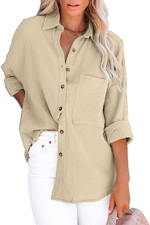 Fuedage Women's Solid Button Down Casual Pockets Long Sleeves Loose Blouse Shirt | Amazon (US)
