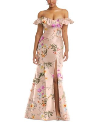 Alfred Sung Women's Off-the-Shoulder Ruffle Neck Floral Satin Trumpet Gown - Butterfly botanica pink sand | Macy's