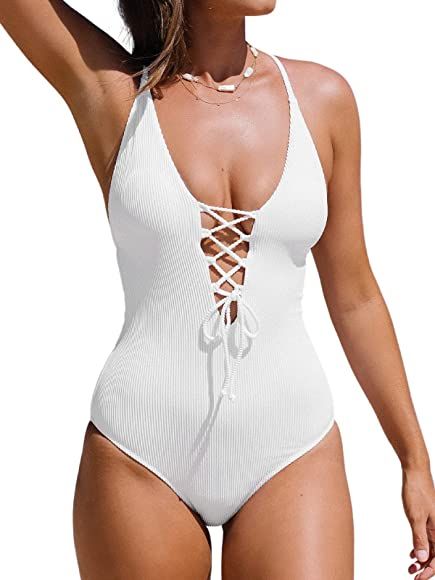 CUPSHE Women's Solid Color V Neck Lace Up One Piece Swimsuit | Amazon (US)