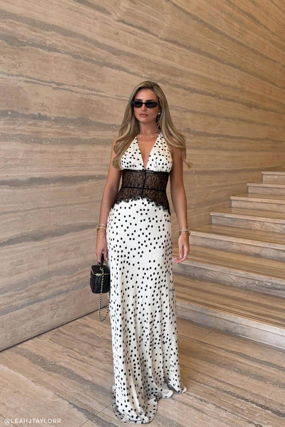 Lace And Satin Maxi Dress - Polkadot | MESHKI US