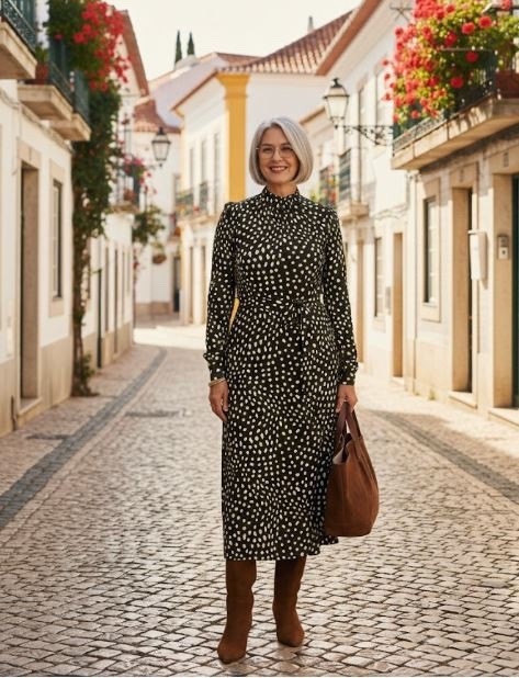 Green and white polka dot dress with brown accessories 

#LTKOver40
