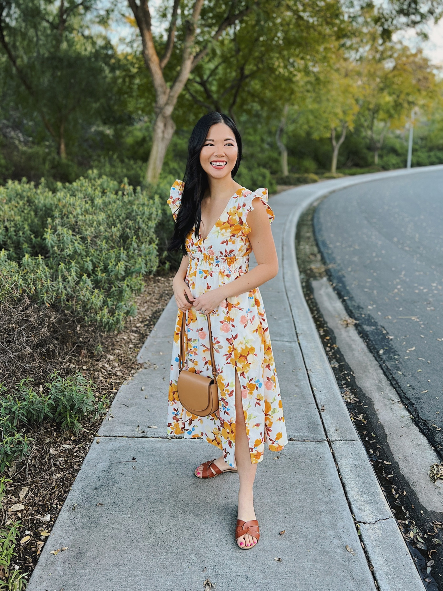 abercrombie flutter sleeve midi dress Abercrombie & Fitch flutter sleeve dipped waist maxi gown dress in pink  floral