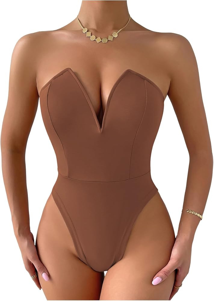 Milumia Women's Strapless Deep V Neck Bodysuit Sexy Backless Slim Fitted Tube Tops | Amazon (US)