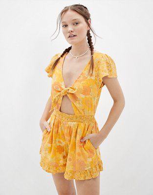 AE Floral Cut-Out Tie-Front Romper | American Eagle Outfitters (US & CA)