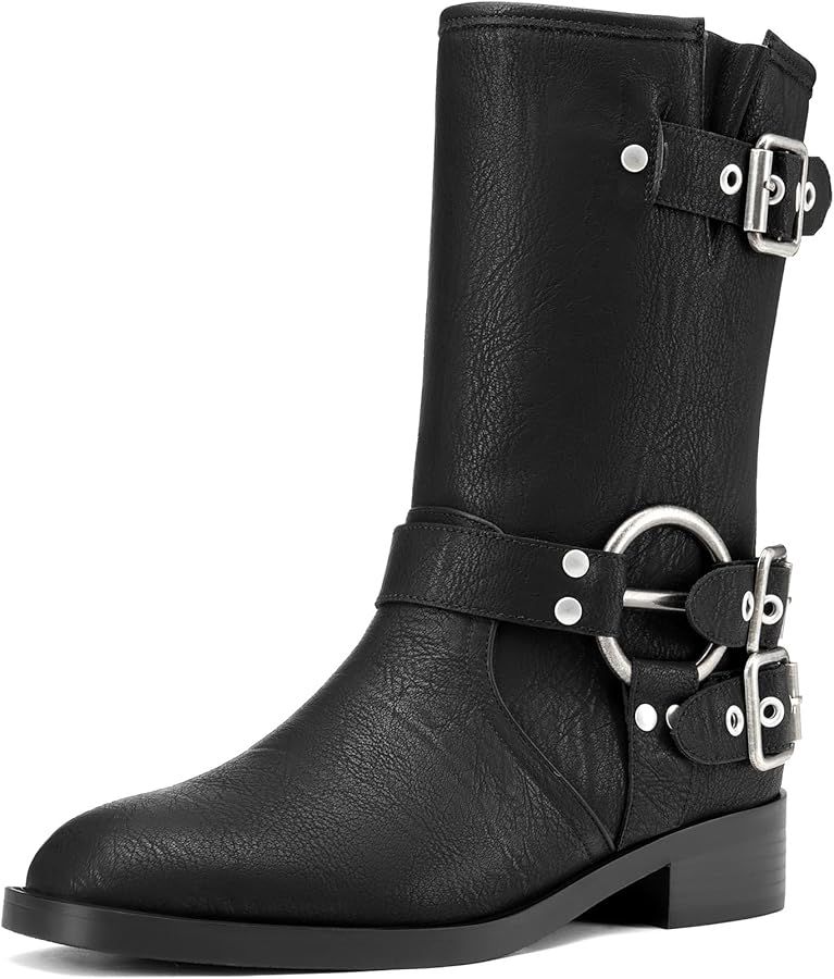 Saekcted Womens Chunky Block Low Heel Mid Calf Boots Riding Boots Slip-on Buckle Party Basic Clas... | Amazon (US)