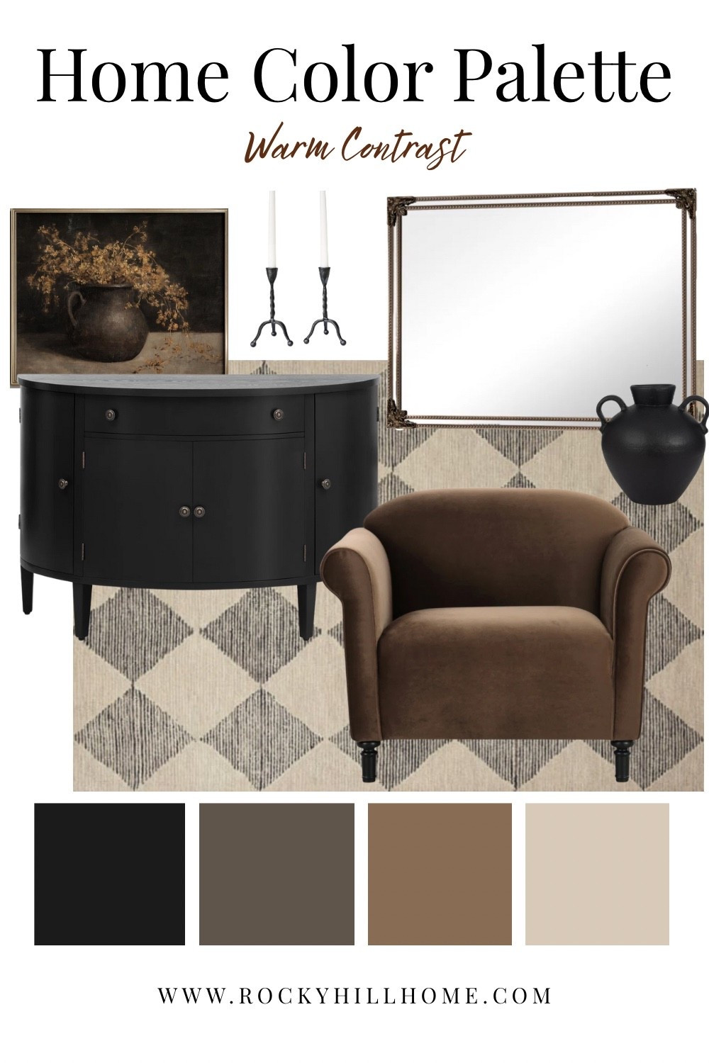 Warm contrast home color palette with rich brown, black accents, and timeless neutrals. Create a cozy yet elevated look with modern traditional furniture and a nod to 1920s art deco. 

#LTKStyleTip #LTKHome