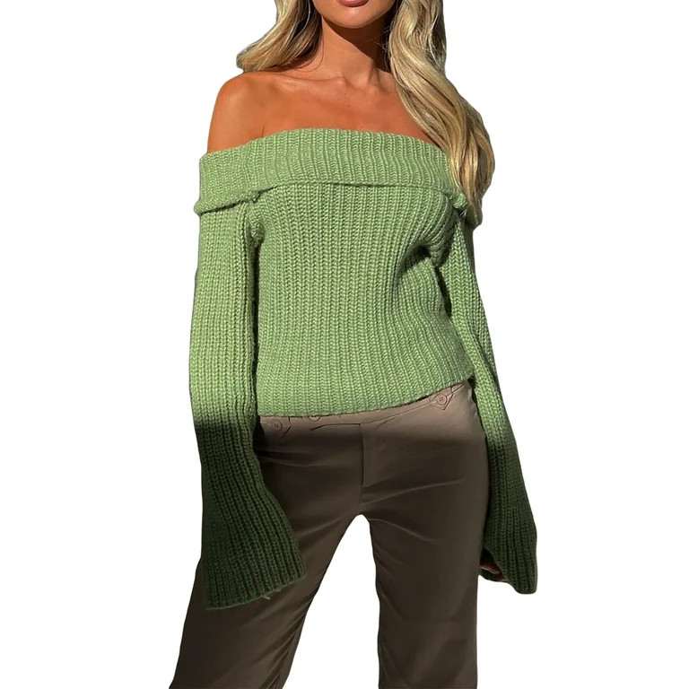 Sunisery Women's Knit Jumper Tops Casual Off Shoulder Long Sleeve Solid Color Slim Fit Sweater Au... | Walmart (US)