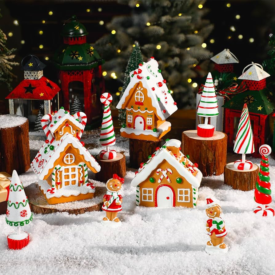 Uiifan 10 Pcs Christmas Gingerbread Village Resin Mini Xmas Tree Gingerbread Man Ornament Set Chr... | Amazon (US)