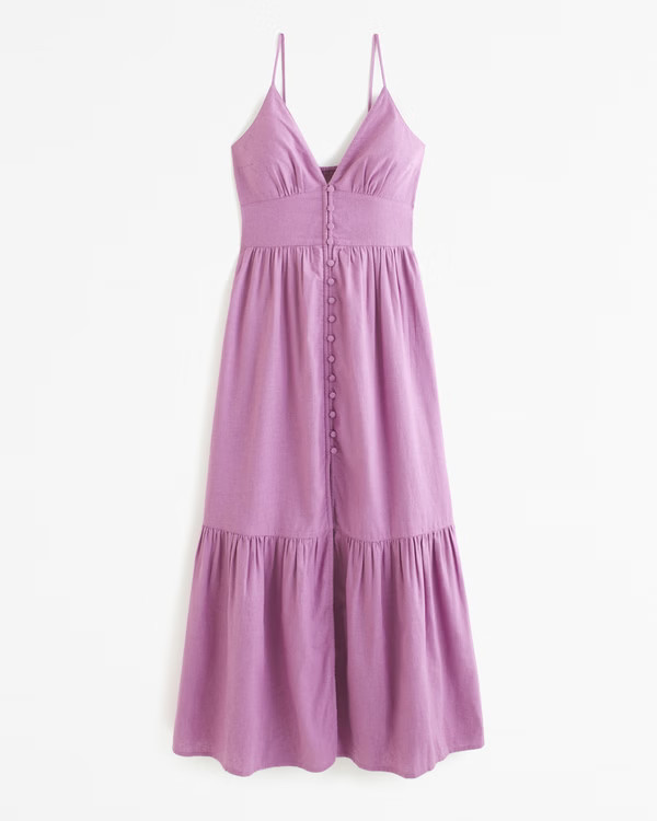 Linen-Blend Button-Through Maxi Dress | Abercrombie & Fitch (US)