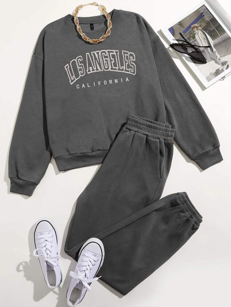 Plus Letter Graphic Sweatshirt & Sweatpants | SHEIN