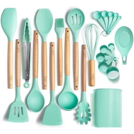 Three-Sixty Home ODORLESS 13 Pc Silicone Cooking Utensils Set with Holder (Mint/Turquoise/Blue Wood  | Walmart (US)