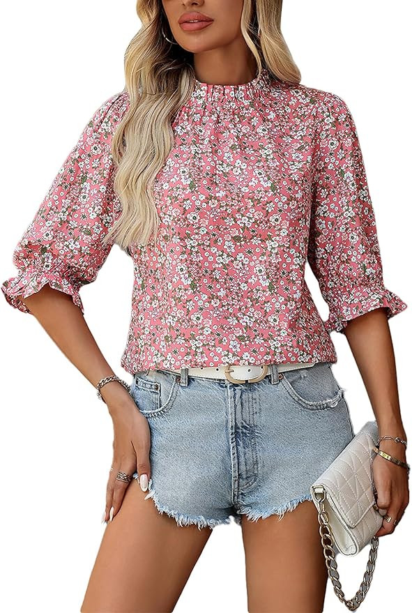 Women's Floral Blouses Dressy Casual Summer Boho Tops Trendy Business Casual Outfits Shirts | Amazon (US)