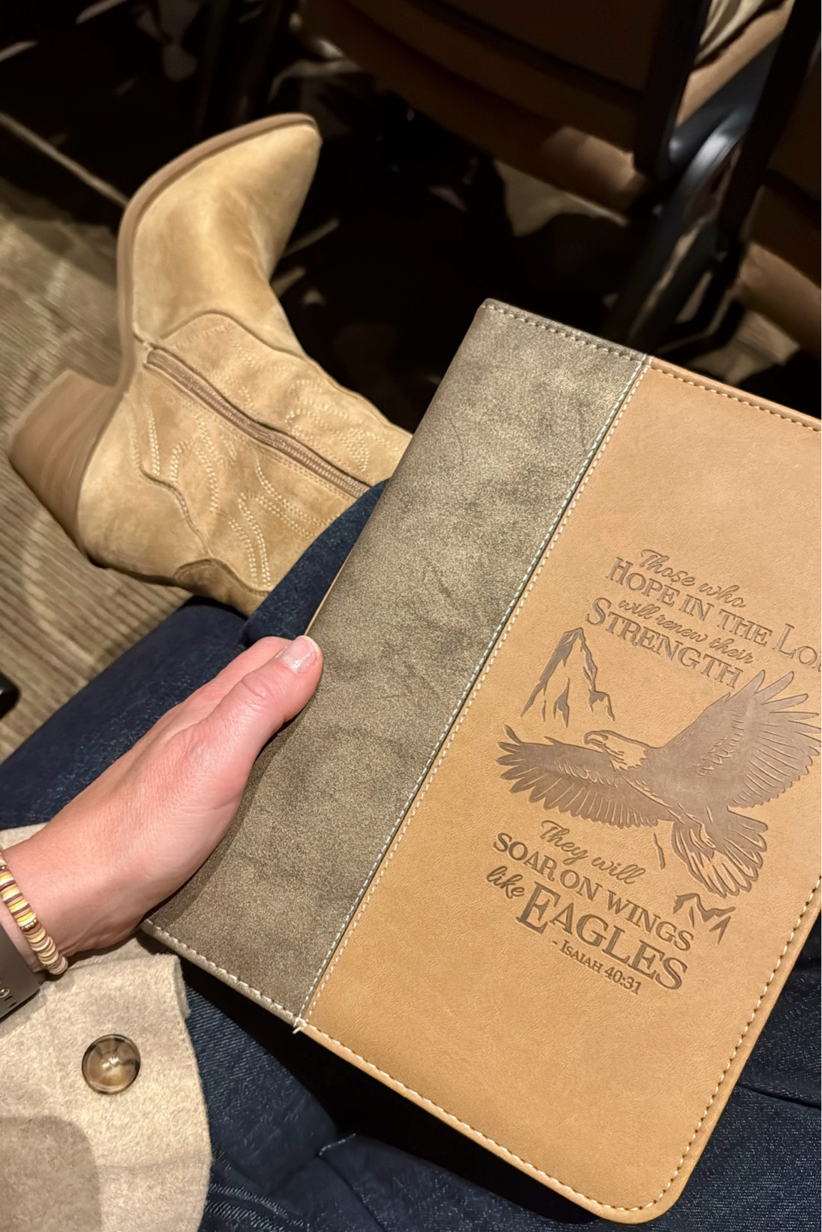 Bible cover. Zipper closure and handle  
Brown suede boots


#LTKGiftGuide #LTKWorkwear #LTKCyberWeek