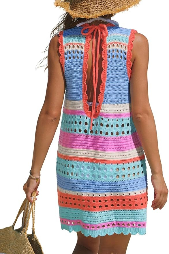 popvil Women’s Swimsuit Crochet Swim Cover Up 2026 Sleeveless Loose Bathing Suit Swimwear Mesh ... | Amazon (US)