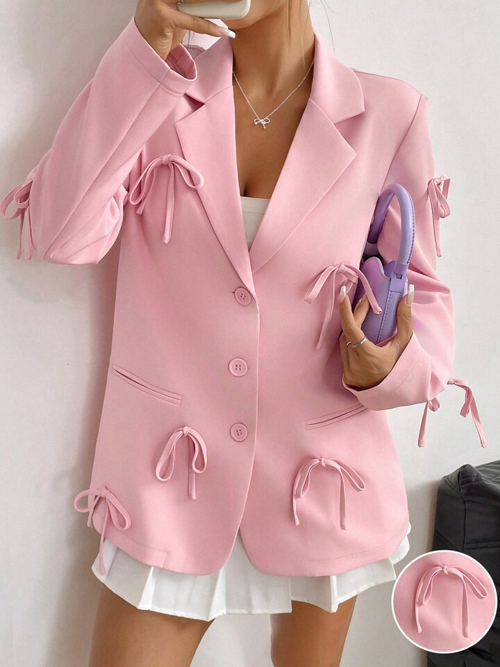 SHEIN ChicEase 1pc Women's Solid Color Stand Collar Long Sleeve Bowknot Blazer For Autumn | SHEIN