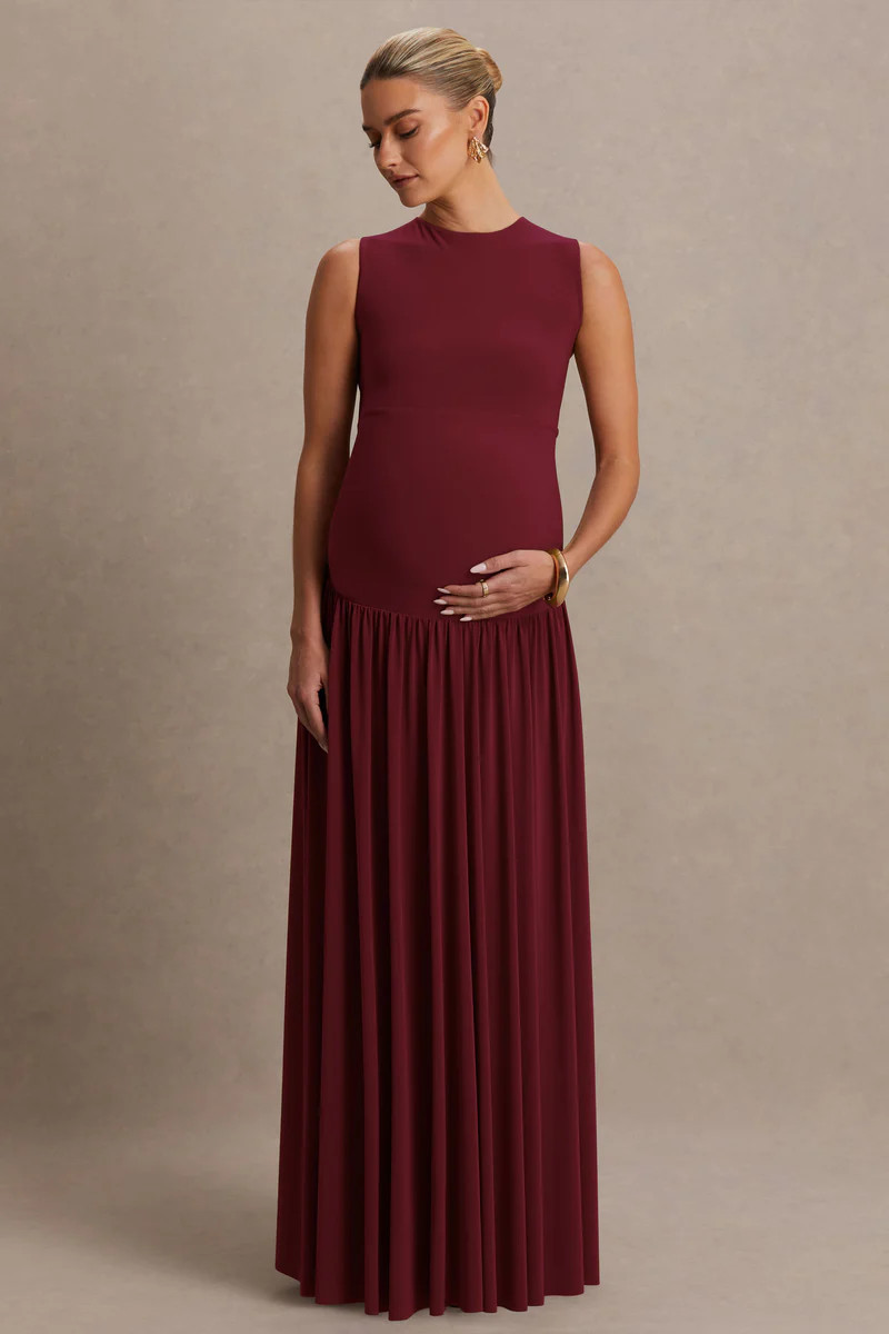 Outline  Burgundy High-Neck Maternity Maxi Dress With Draped Skirt | Club L London