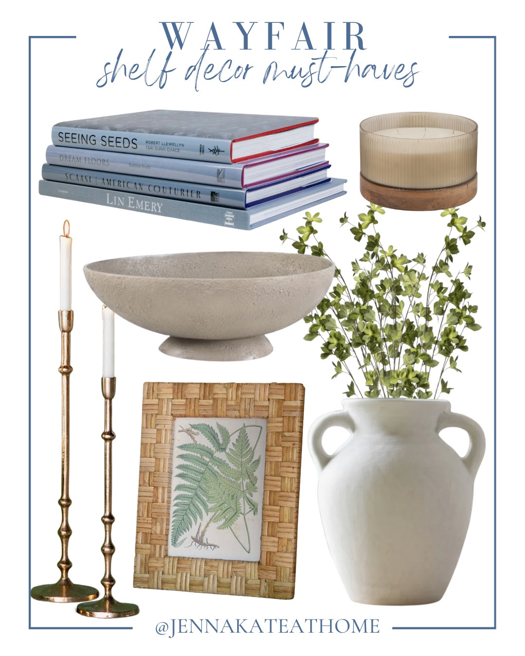 Shelf decor from Wayfair include vase, greenery stems, frame, candle stick holders, decorative bowl, candle, and stack of coffee table books,

Home decor, looks for less, shelf decor, coastal home

#LTKHome #LTKvlog #LTKSeasonal