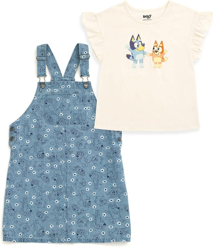 Bluey Floral Girls Vintage Wash Denim Overall Dress and T-Shirt Outfit Set Toddler to Big Kid | Amazon (US)