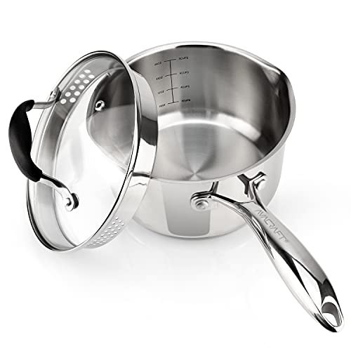 AVACRAFT Stainless Steel Saucepan with Glass Strainer Lid, Two Side Spouts for Easy Pour with Ergonomic Handle, Multipurpose Sauce Pot (5-Ply Capsule Bottom, 2.5 Quart) | Amazon (US)