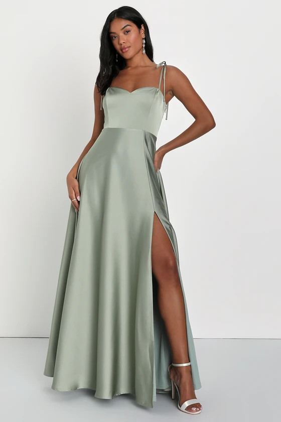 Delightful Vision Sage Green Tie-Strap Satin Maxi Dress | Lulus