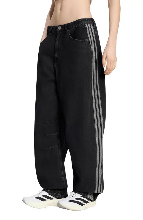 adidas Originals 3-Stripes Barrel Leg Jeans in True Black Denim at Nordstrom, Size 28 | Nordstrom