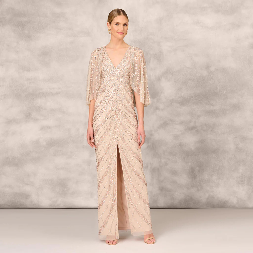 Hand Beaded Long Column Gown With Cape And Slit In Blush | Adrianna Papell