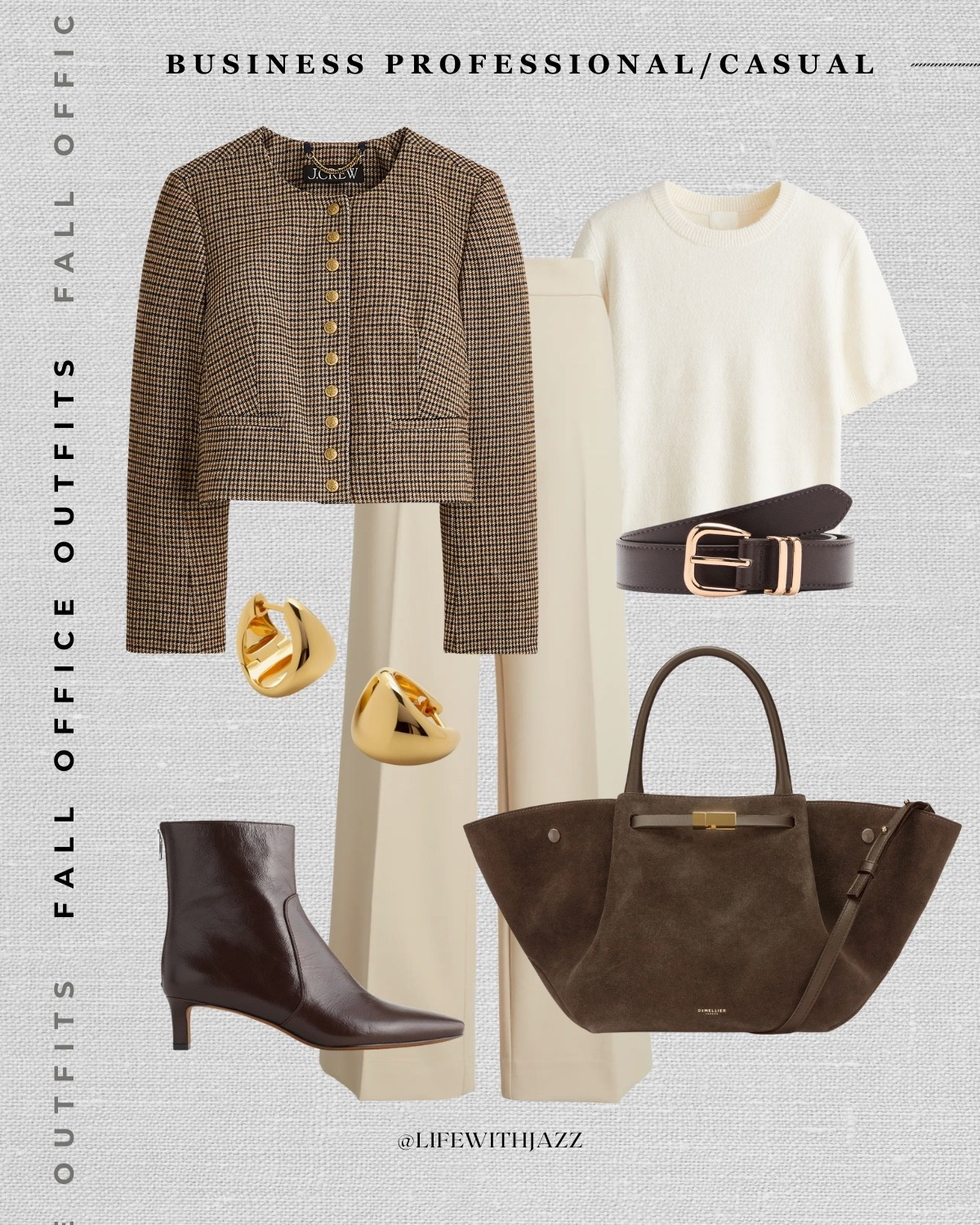fall office outfit

collarless crop jacket/ cashmere sweater tee / cream trousers / kitten heel boots / demellier tote bag / work tote/ business professional/ business casual / workwear 

 

#LTKSeasonal #LTKStyleTip #LTKWorkwear